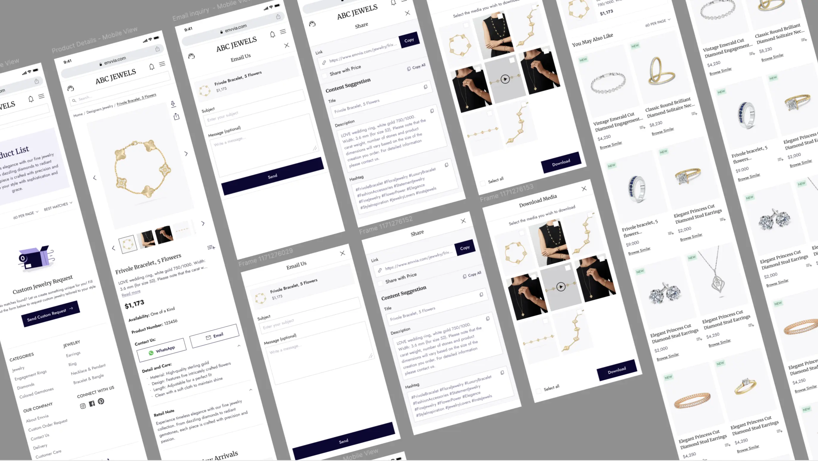 Design screenshots of Envvia Jewelry Retail App mobile view